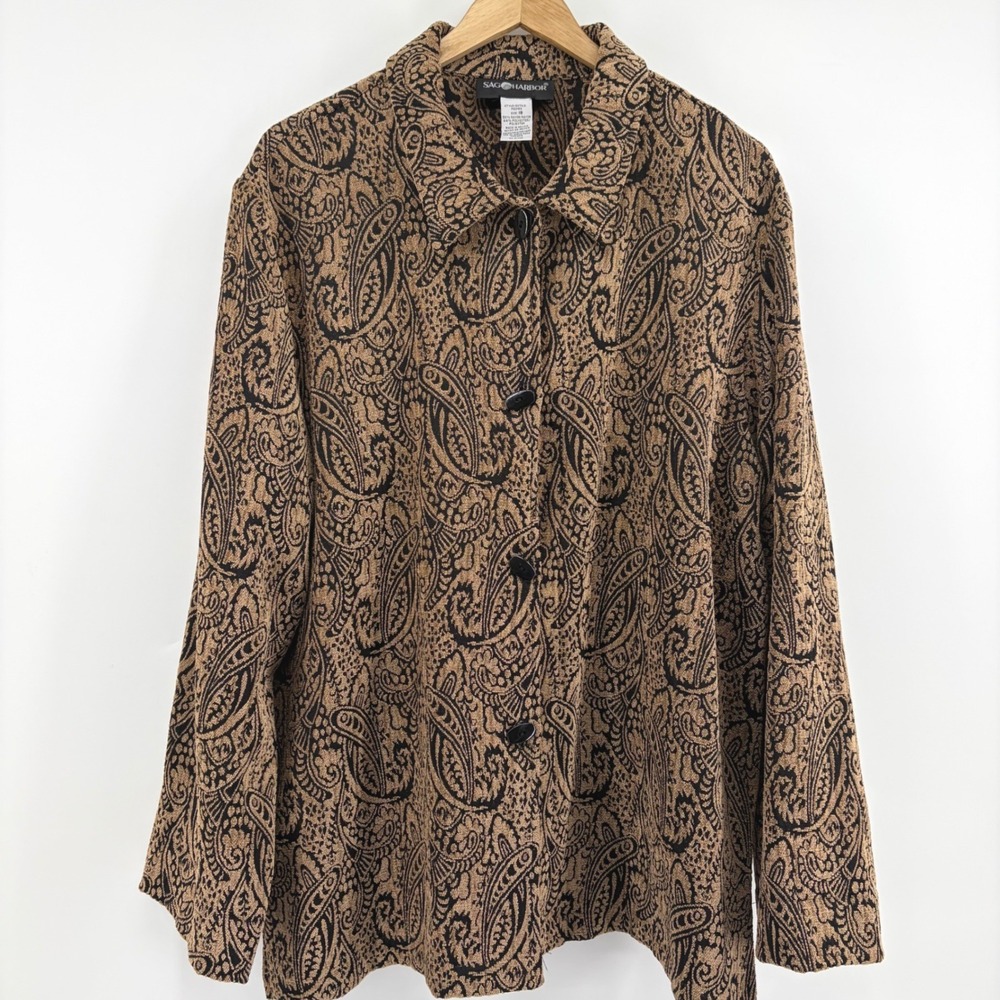 Sag Harbor Womens Brown Black Paisley Button Front Jacket Size 18‎